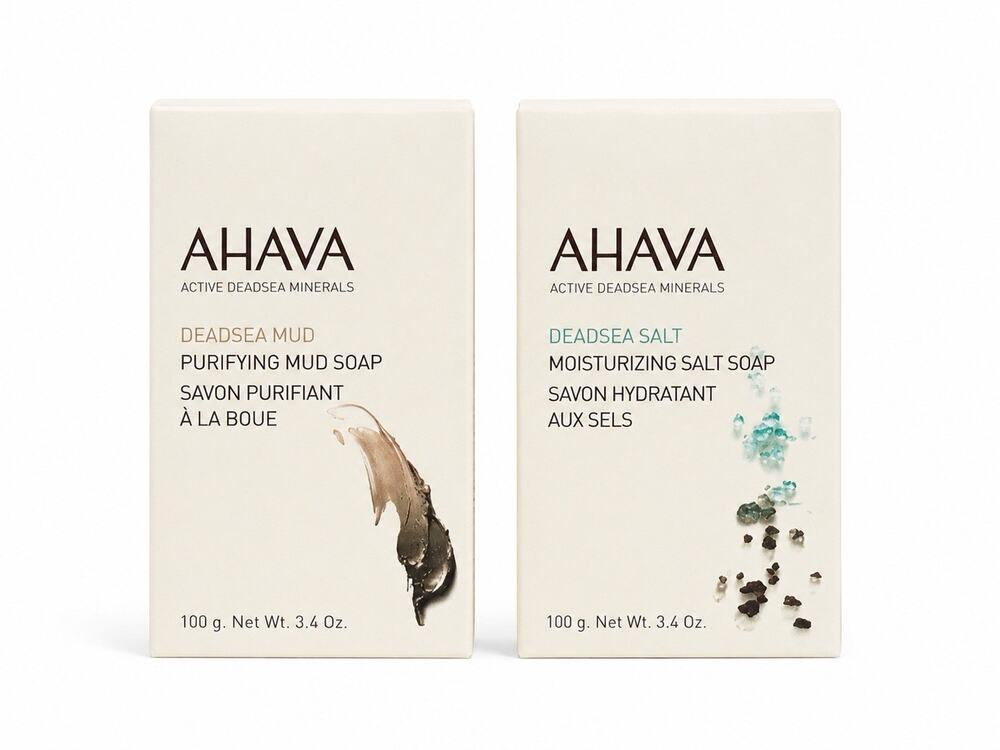 AHAVA Dead Sea Purifying Mud Soap & Moisturizing Salt Soap 3.4 oz Set of 2